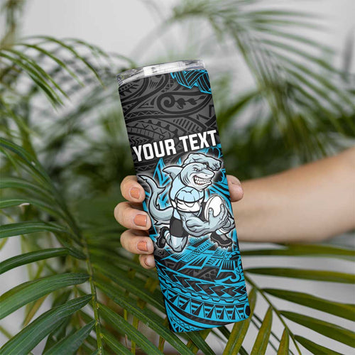 Personalised Cronulla-Sutherland Sharks Skinny Tumbler Polynesian Tribal Pattern With Rugby Shark Mascot Art