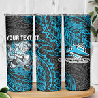 Personalised Cronulla-Sutherland Sharks Skinny Tumbler Polynesian Tribal Pattern With Rugby Shark Mascot Art