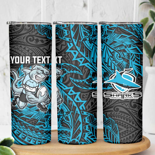 Personalised Cronulla-Sutherland Sharks Skinny Tumbler Polynesian Tribal Pattern With Rugby Shark Mascot Art