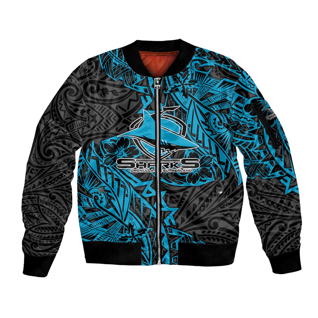 Personalised Cronulla-Sutherland Sharks Sleeve Zip Bomber Jacket Polynesian Tribal Pattern With Rugby Shark Mascot Art
