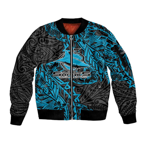 Personalised Cronulla-Sutherland Sharks Sleeve Zip Bomber Jacket Polynesian Tribal Pattern With Rugby Shark Mascot Art