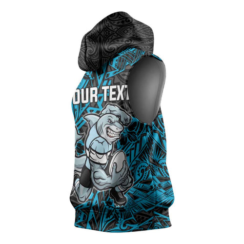Personalised Cronulla-Sutherland Sharks Sleeveless Hoodie Polynesian Tribal Pattern With Rugby Shark Mascot Art