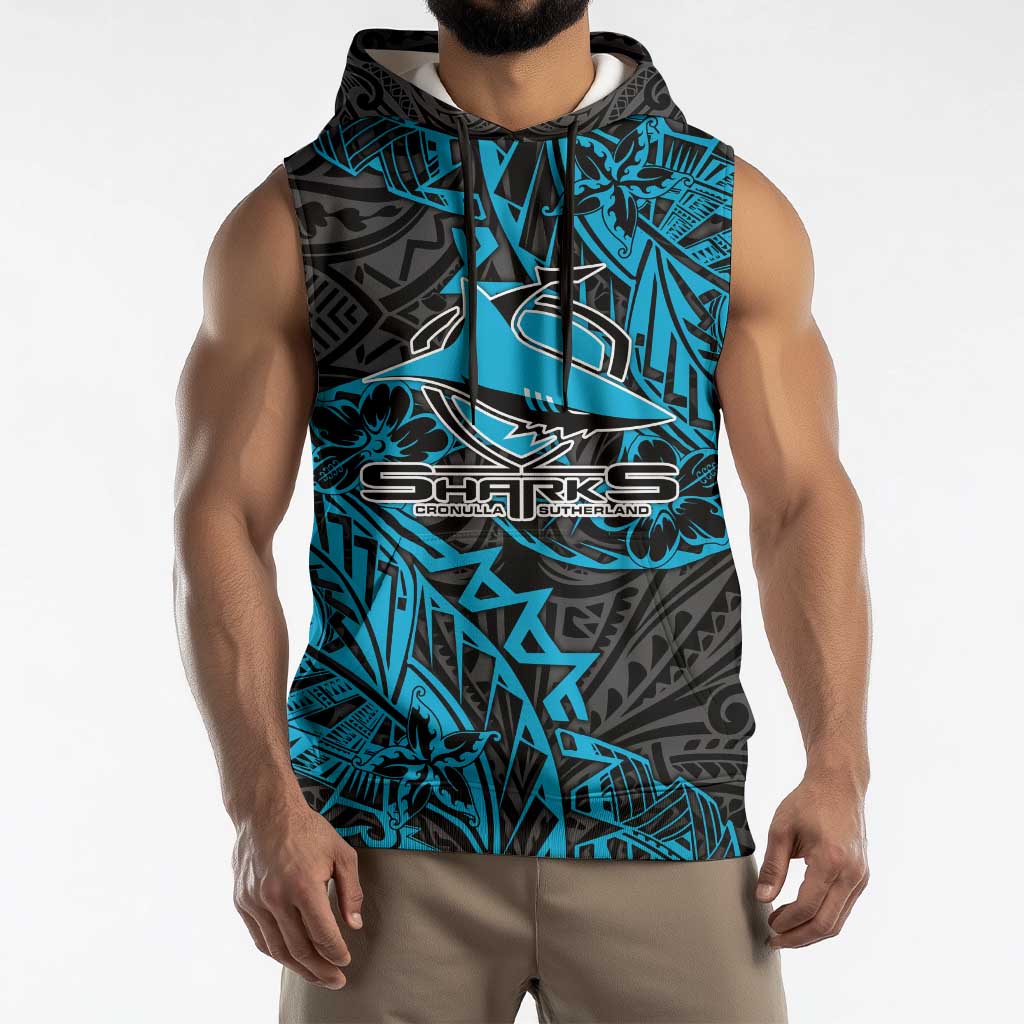 Personalised Cronulla-Sutherland Sharks Sleeveless Hoodie Polynesian Tribal Pattern With Rugby Shark Mascot Art