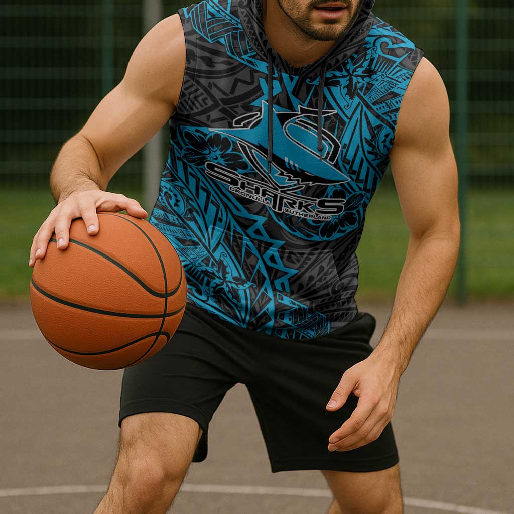 Personalised Cronulla-Sutherland Sharks Sleeveless Hoodie Polynesian Tribal Pattern With Rugby Shark Mascot Art
