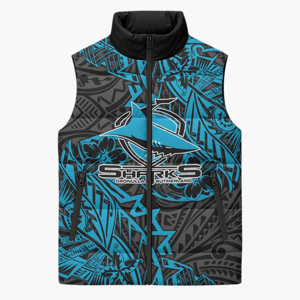Personalised Cronulla-Sutherland Sharks Sleeveless Puffer Jacket Polynesian Tribal Pattern With Rugby Shark Mascot Art
