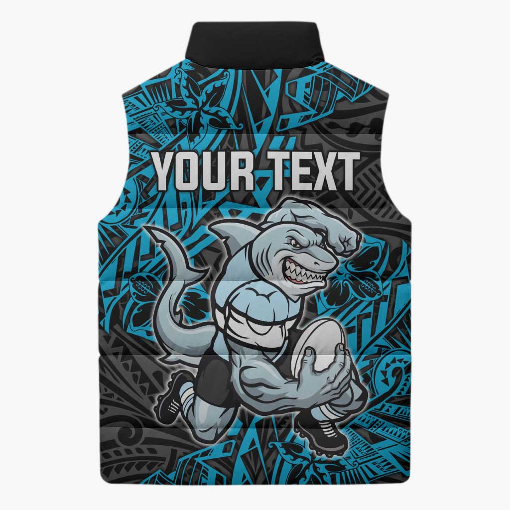 Personalised Cronulla-Sutherland Sharks Sleeveless Puffer Jacket Polynesian Tribal Pattern With Rugby Shark Mascot Art