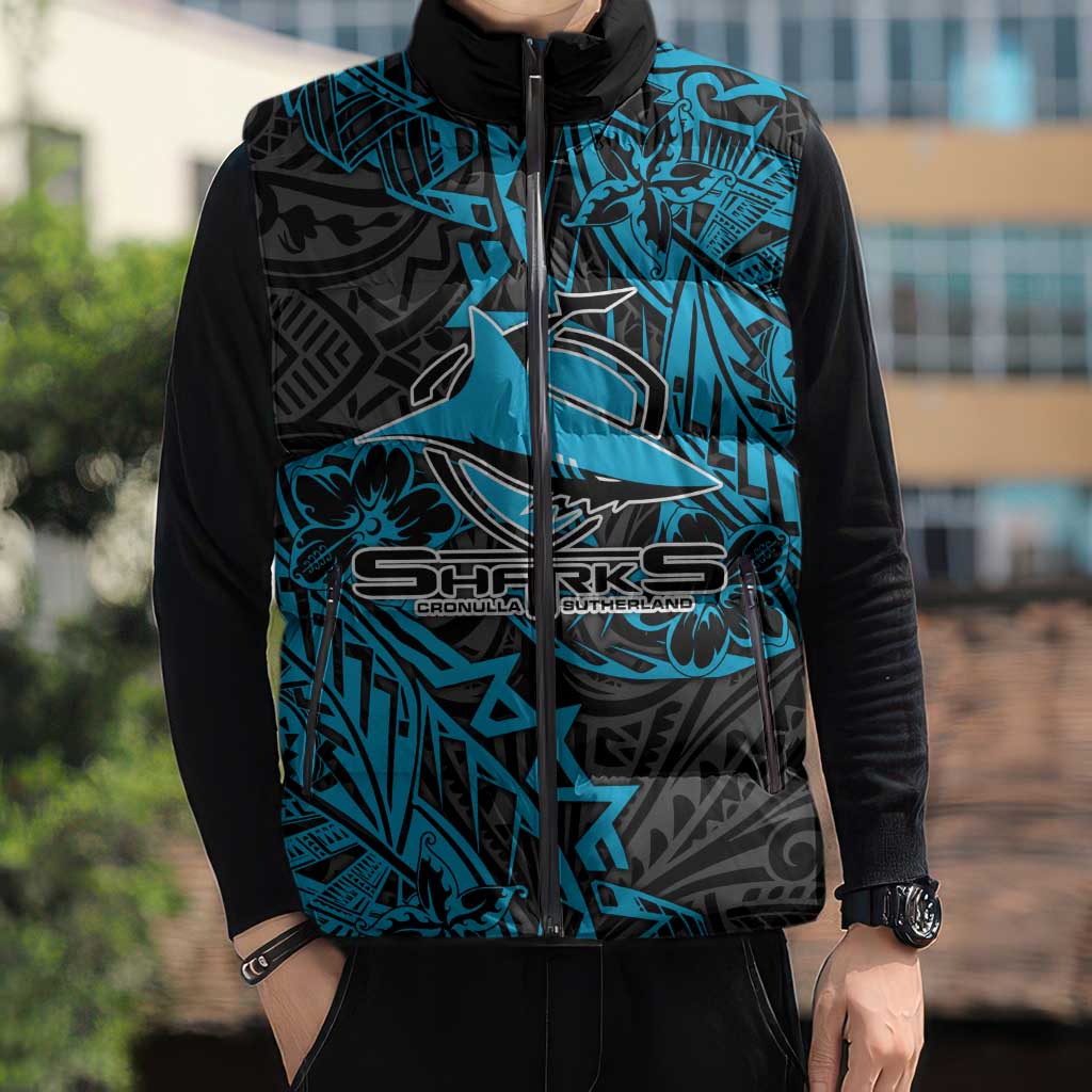 Personalised Cronulla-Sutherland Sharks Sleeveless Puffer Jacket Polynesian Tribal Pattern With Rugby Shark Mascot Art