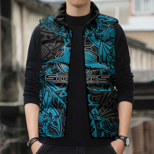 Personalised Cronulla-Sutherland Sharks Sleeveless Puffer Jacket Polynesian Tribal Pattern With Rugby Shark Mascot Art