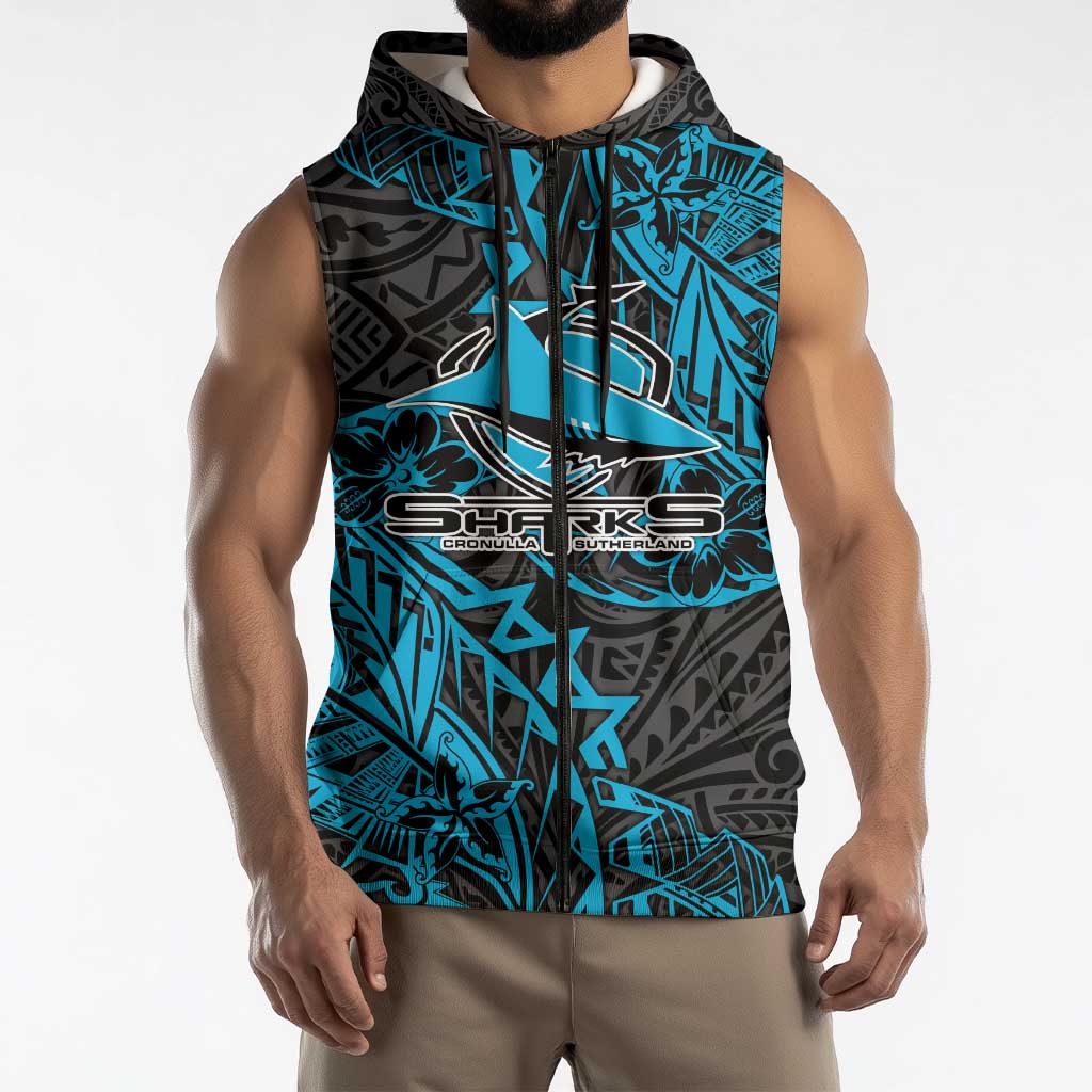 Personalised Cronulla-Sutherland Sharks Sleeveless Zip Hoodie Polynesian Tribal Pattern With Rugby Shark Mascot Art