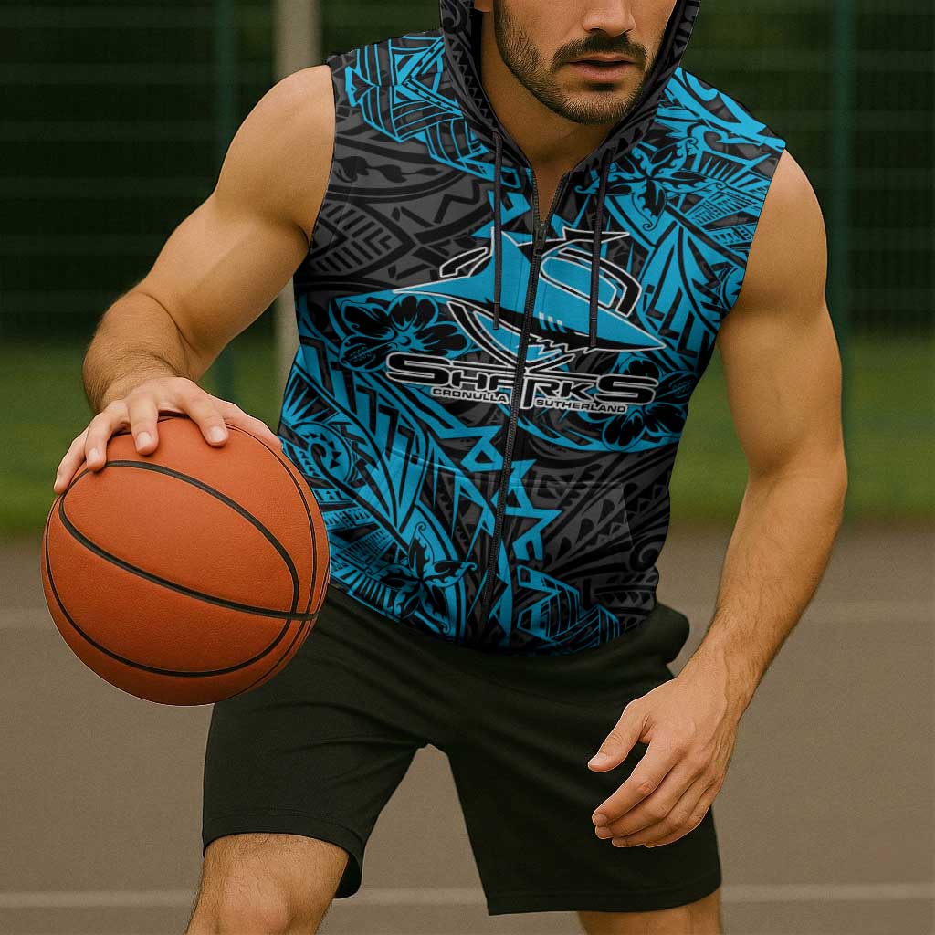 Personalised Cronulla-Sutherland Sharks Sleeveless Zip Hoodie Polynesian Tribal Pattern With Rugby Shark Mascot Art