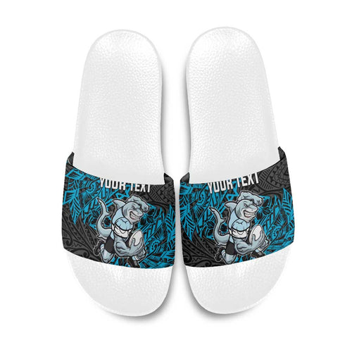 Personalised Cronulla-Sutherland Sharks Slide Sandals Polynesian Tribal Pattern With Rugby Shark Mascot Art