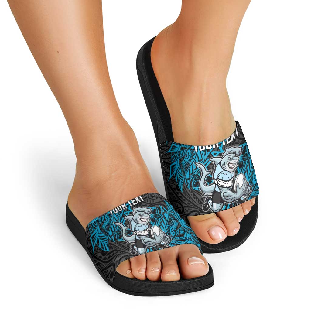 Personalised Cronulla-Sutherland Sharks Slide Sandals Polynesian Tribal Pattern With Rugby Shark Mascot Art