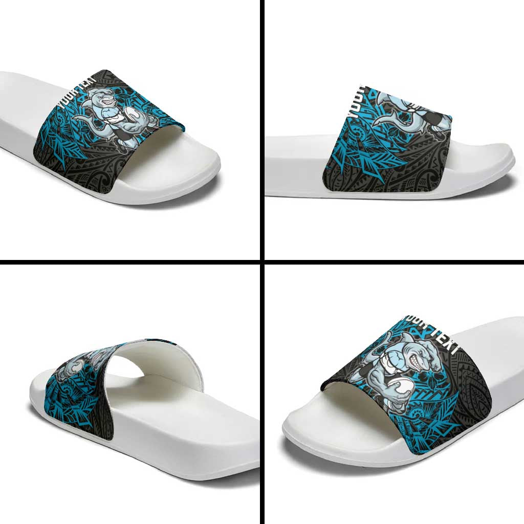Personalised Cronulla-Sutherland Sharks Slide Sandals Polynesian Tribal Pattern With Rugby Shark Mascot Art