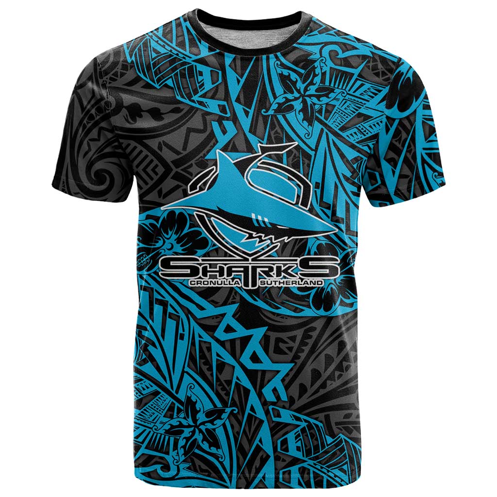 Personalised Cronulla-Sutherland Sharks T Shirt Polynesian Tribal Pattern With Rugby Shark Mascot Art