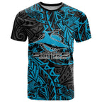 Personalised Cronulla-Sutherland Sharks T Shirt Polynesian Tribal Pattern With Rugby Shark Mascot Art