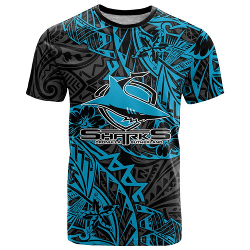 Personalised Cronulla-Sutherland Sharks T Shirt Polynesian Tribal Pattern With Rugby Shark Mascot Art