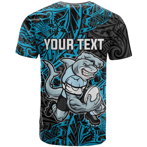 Personalised Cronulla-Sutherland Sharks T Shirt Polynesian Tribal Pattern With Rugby Shark Mascot Art