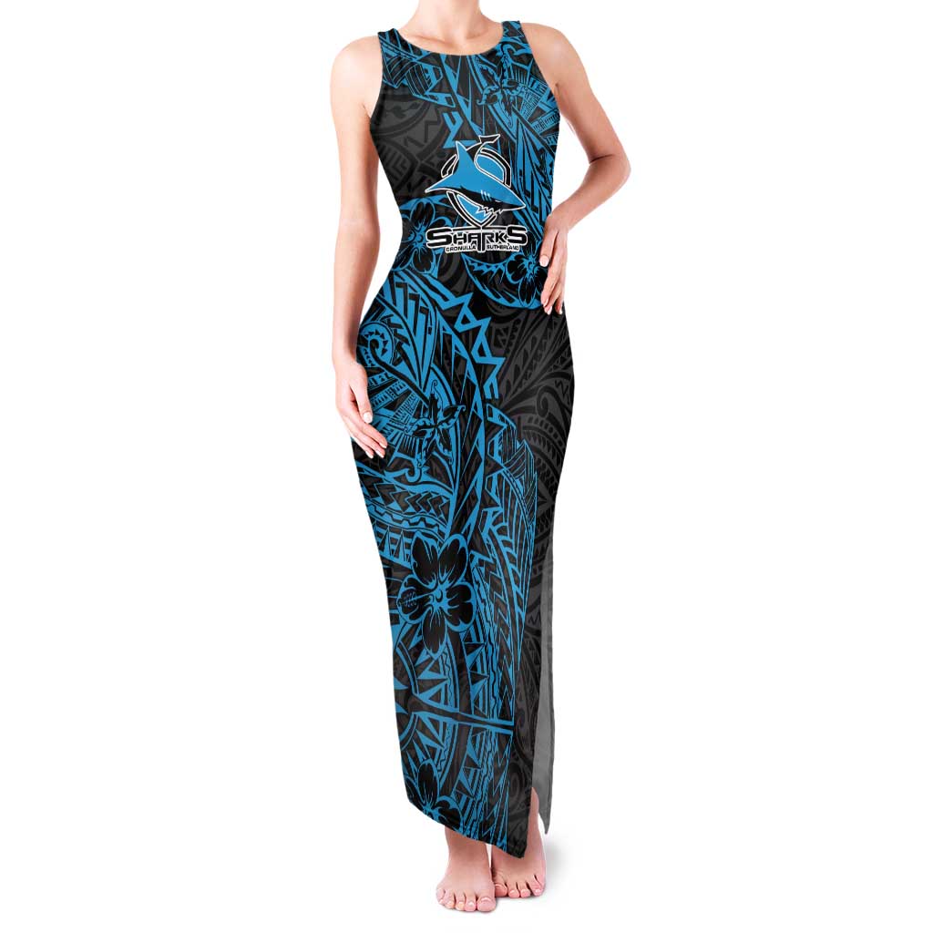 Personalised Cronulla-Sutherland Sharks Tank Maxi Dress Polynesian Tribal Pattern With Rugby Shark Mascot Art