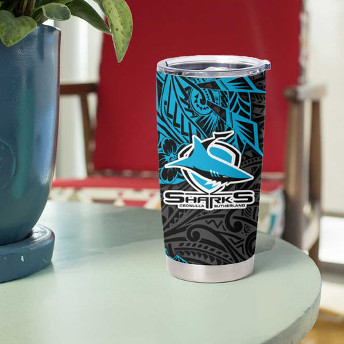 Personalised Cronulla-Sutherland Sharks Tumbler Cup Polynesian Tribal Pattern With Rugby Shark Mascot Art