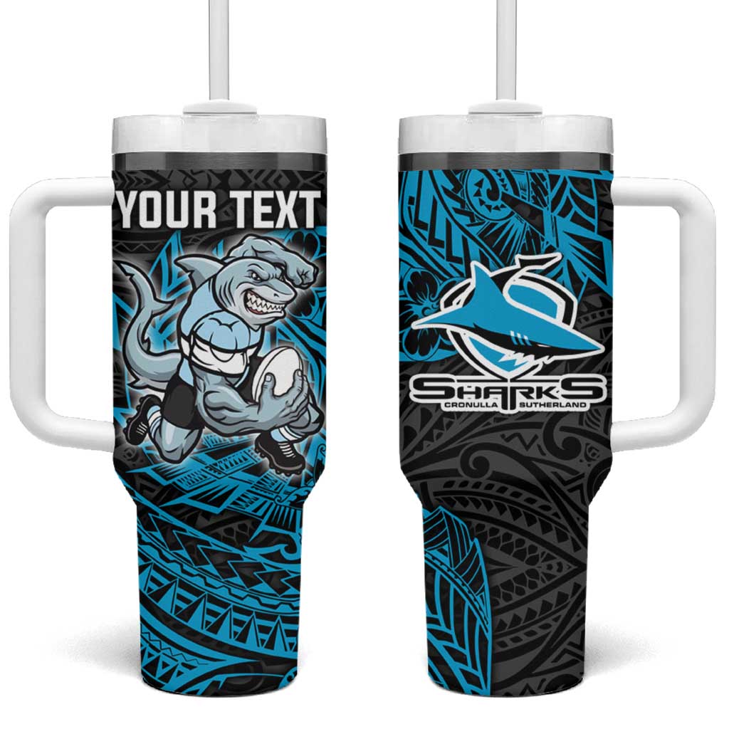 Personalised Cronulla-Sutherland Sharks Tumbler With Handle Polynesian Tribal Pattern With Rugby Shark Mascot Art