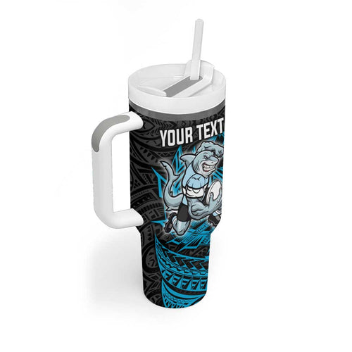 Personalised Cronulla-Sutherland Sharks Tumbler With Handle Polynesian Tribal Pattern With Rugby Shark Mascot Art
