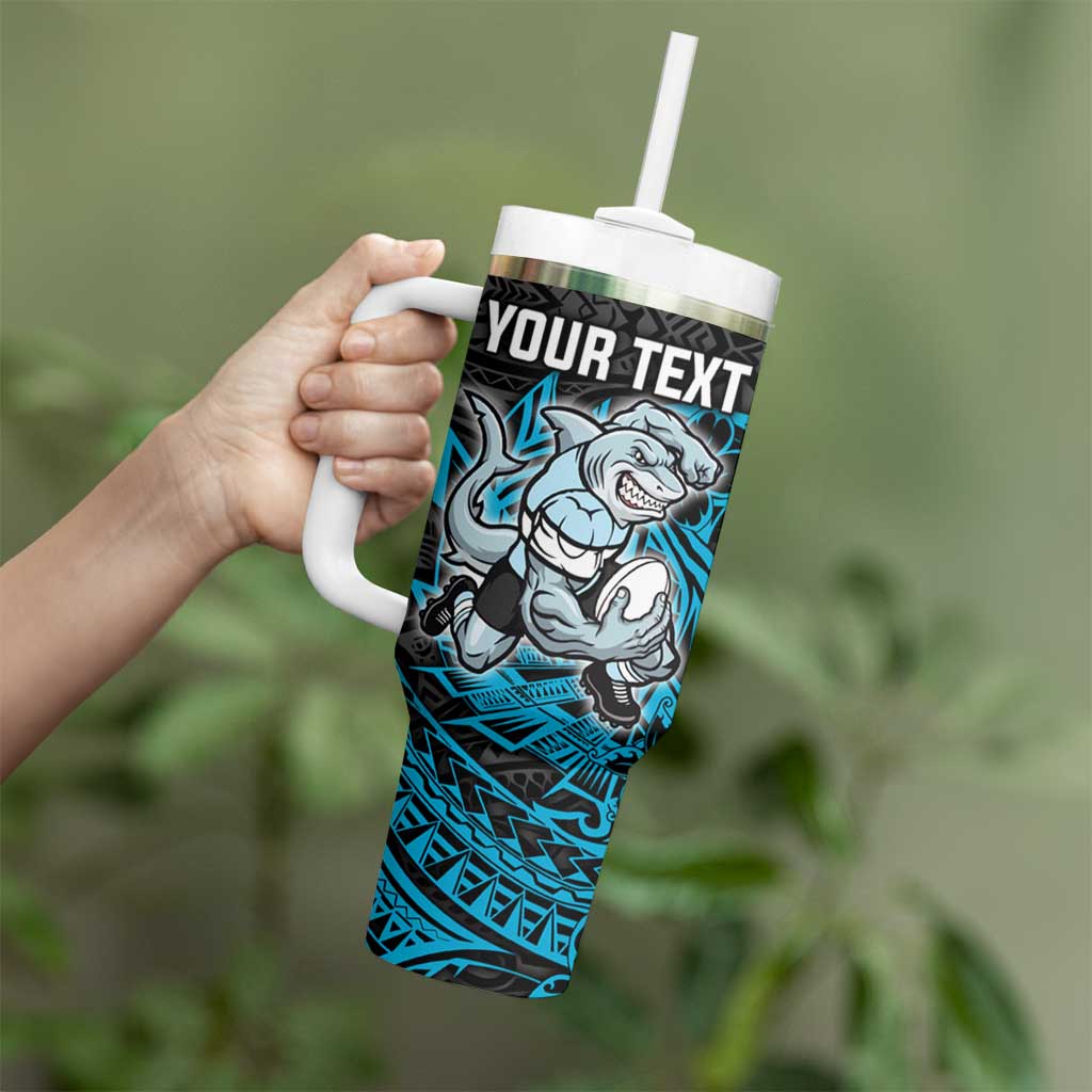 Personalised Cronulla-Sutherland Sharks Tumbler With Handle Polynesian Tribal Pattern With Rugby Shark Mascot Art