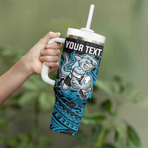 Personalised Cronulla-Sutherland Sharks Tumbler With Handle Polynesian Tribal Pattern With Rugby Shark Mascot Art