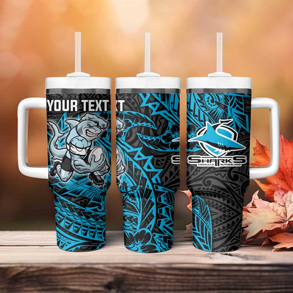 Personalised Cronulla-Sutherland Sharks Tumbler With Handle Polynesian Tribal Pattern With Rugby Shark Mascot Art
