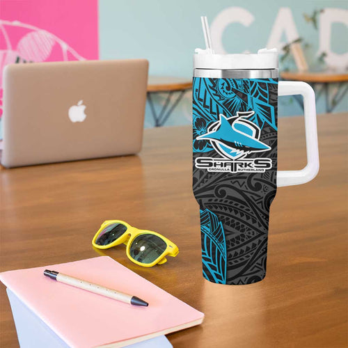 Personalised Cronulla-Sutherland Sharks Tumbler With Handle Polynesian Tribal Pattern With Rugby Shark Mascot Art