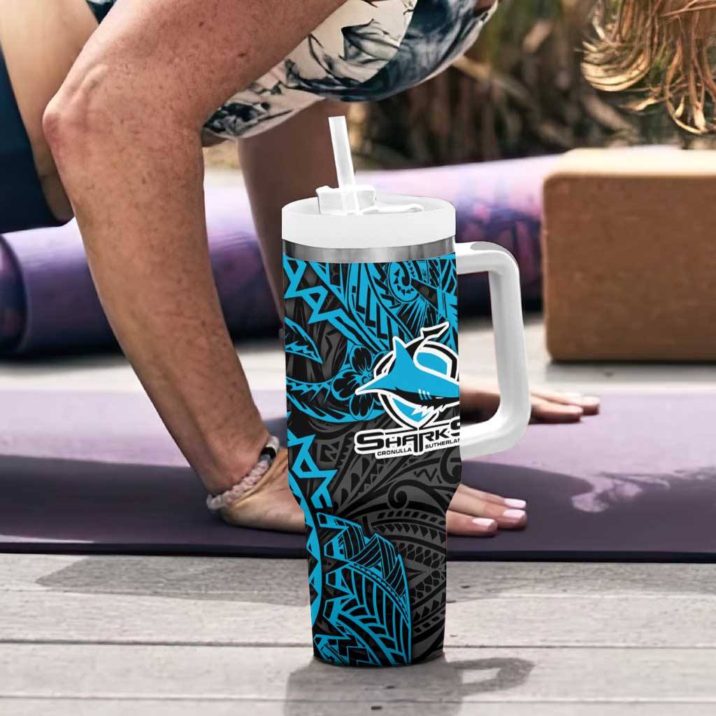 Personalised Cronulla-Sutherland Sharks Tumbler With Handle Polynesian Tribal Pattern With Rugby Shark Mascot Art