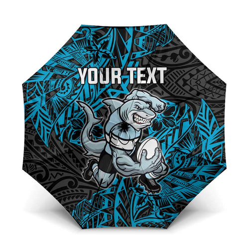 Personalised Cronulla-Sutherland Sharks Umbrella Polynesian Tribal Pattern With Rugby Shark Mascot Art