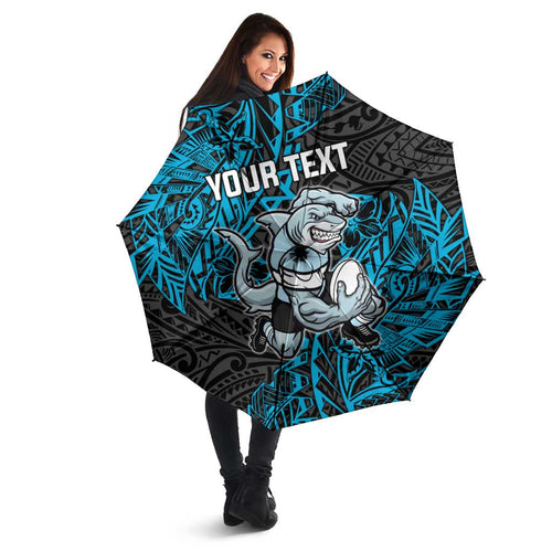 Personalised Cronulla-Sutherland Sharks Umbrella Polynesian Tribal Pattern With Rugby Shark Mascot Art
