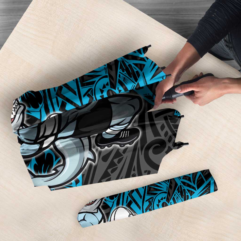 Personalised Cronulla-Sutherland Sharks Umbrella Polynesian Tribal Pattern With Rugby Shark Mascot Art