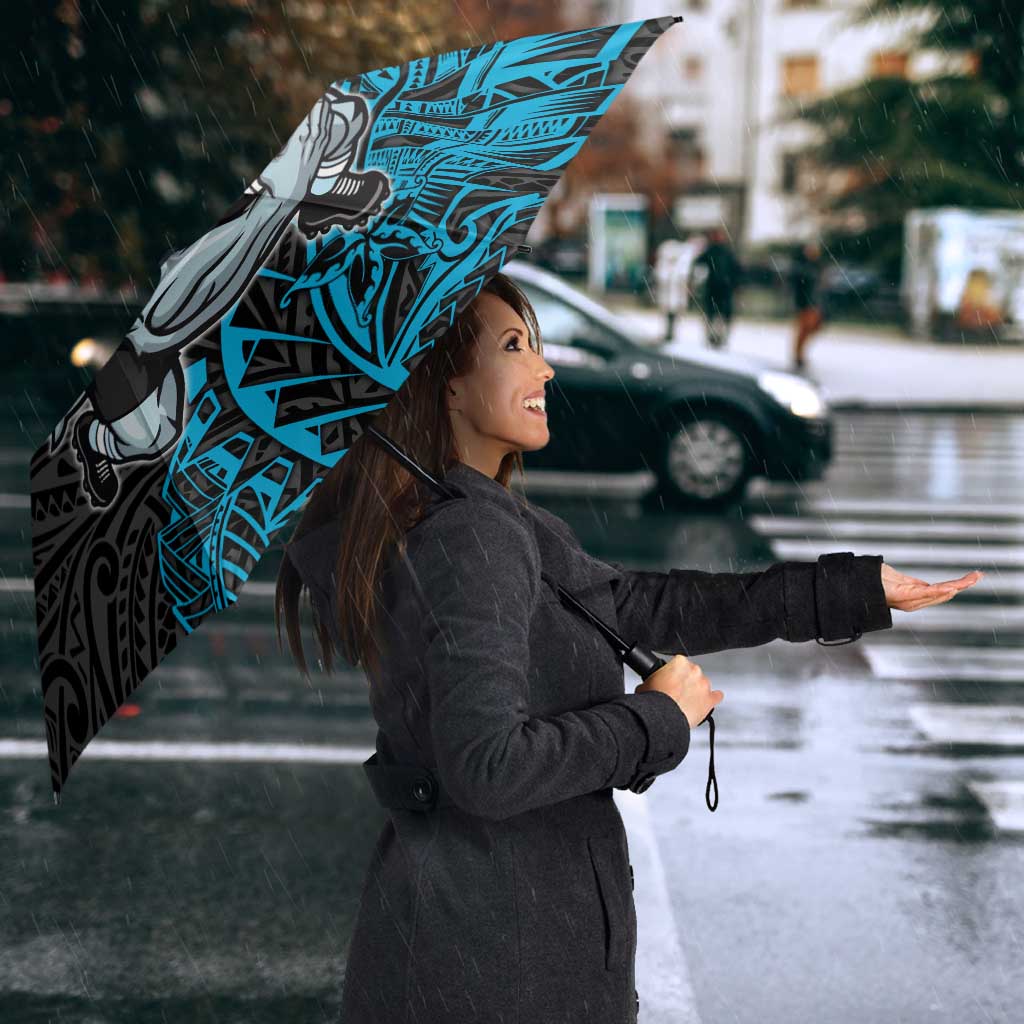 Personalised Cronulla-Sutherland Sharks Umbrella Polynesian Tribal Pattern With Rugby Shark Mascot Art