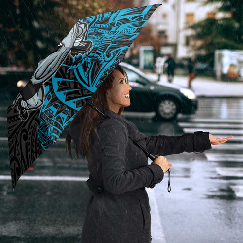 Personalised Cronulla-Sutherland Sharks Umbrella Polynesian Tribal Pattern With Rugby Shark Mascot Art