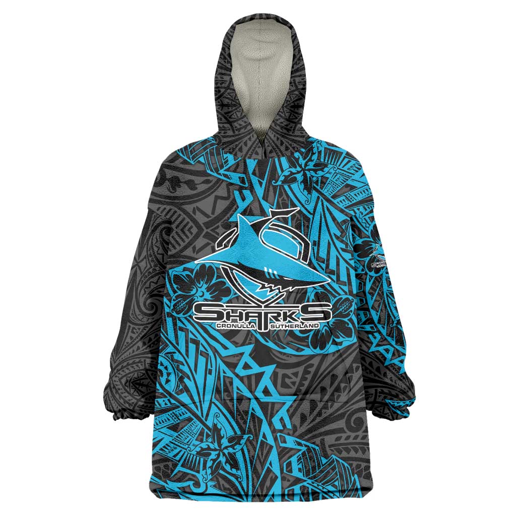 Personalised Cronulla-Sutherland Sharks Wearable Blanket Hoodie Polynesian Tribal Pattern With Rugby Shark Mascot Art