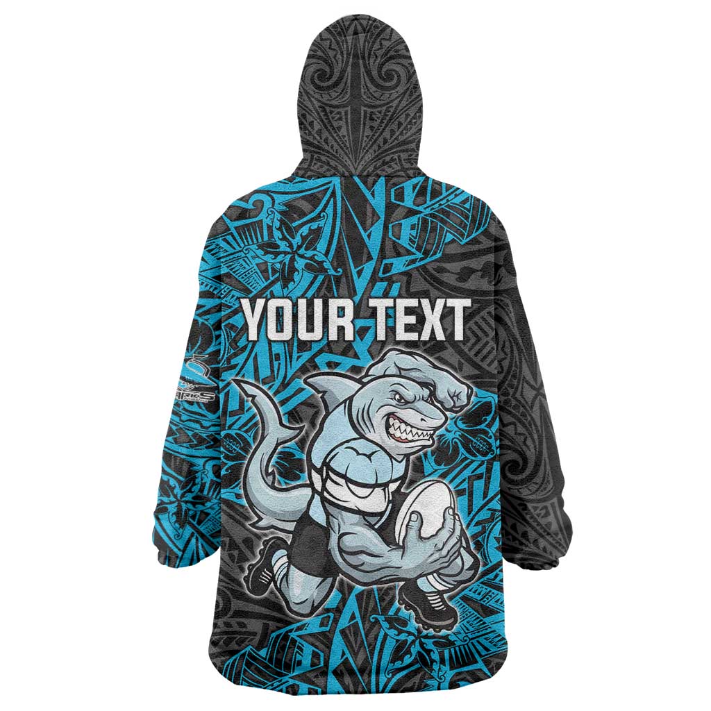 Personalised Cronulla-Sutherland Sharks Wearable Blanket Hoodie Polynesian Tribal Pattern With Rugby Shark Mascot Art
