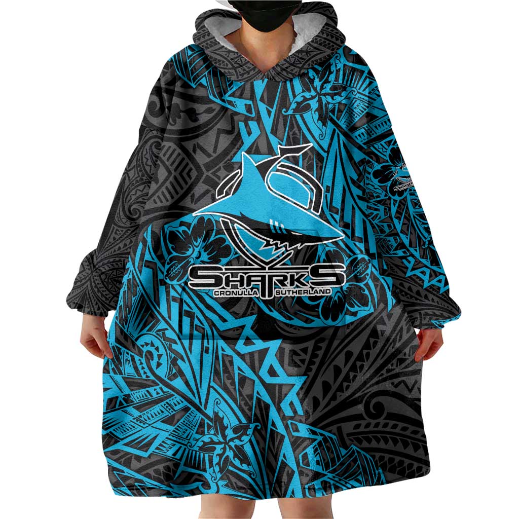 Personalised Cronulla-Sutherland Sharks Wearable Blanket Hoodie Polynesian Tribal Pattern With Rugby Shark Mascot Art