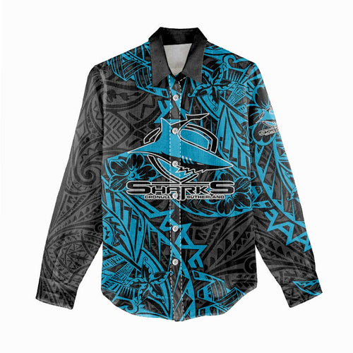 Personalised Cronulla-Sutherland Sharks Women Casual Shirt Polynesian Tribal Pattern With Rugby Shark Mascot Art