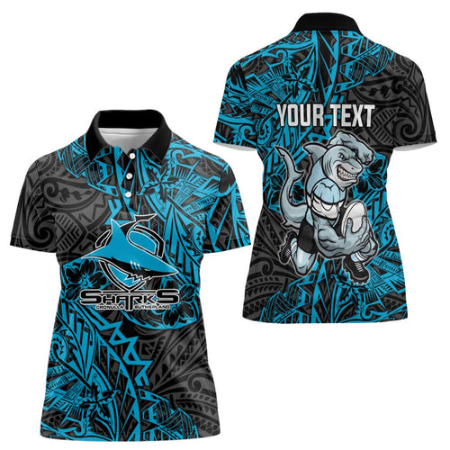 Personalised Cronulla-Sutherland Sharks Women Polo Shirt Polynesian Tribal Pattern With Rugby Shark Mascot Art