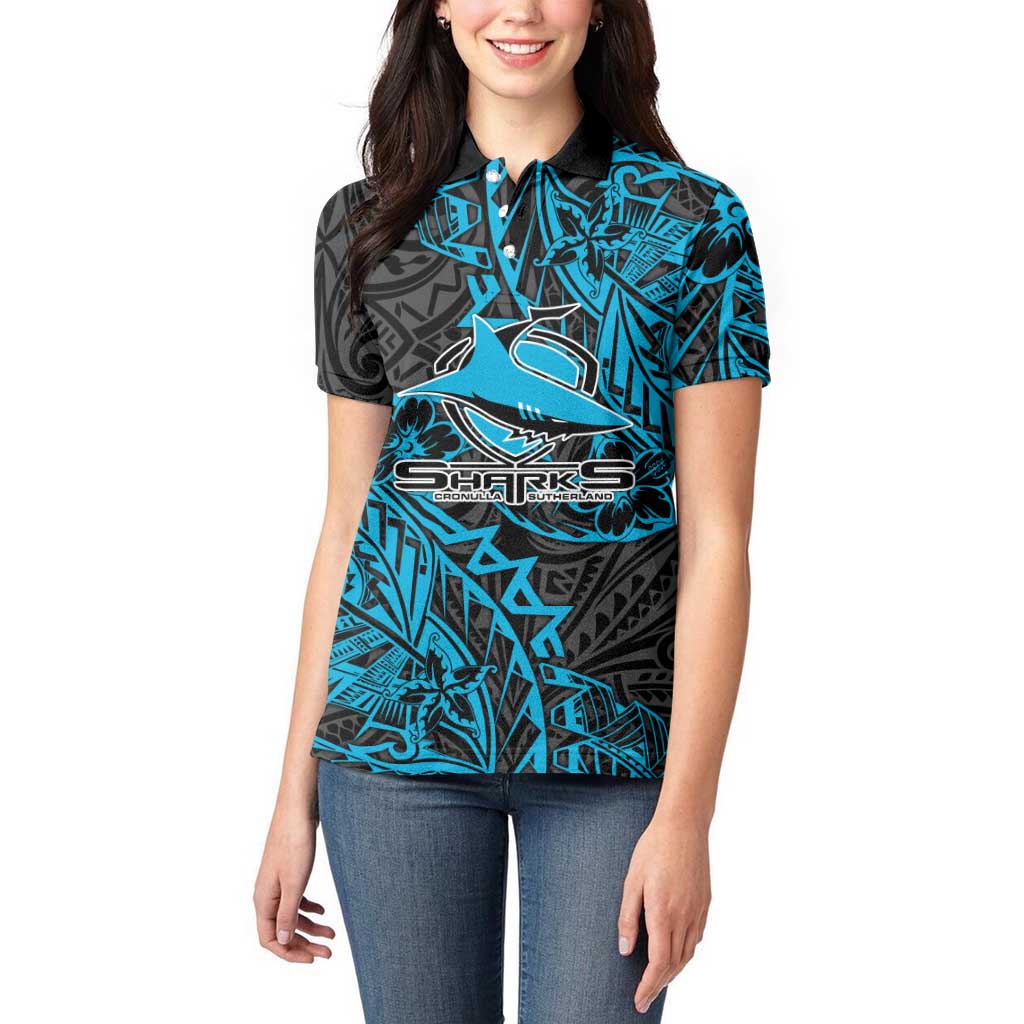 Personalised Cronulla-Sutherland Sharks Women Polo Shirt Polynesian Tribal Pattern With Rugby Shark Mascot Art