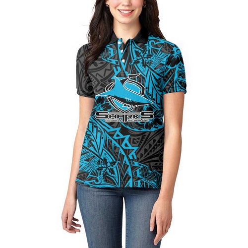 Personalised Cronulla-Sutherland Sharks Women Polo Shirt Polynesian Tribal Pattern With Rugby Shark Mascot Art