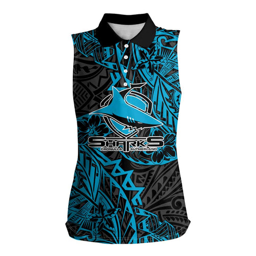Personalised Cronulla-Sutherland Sharks Women Sleeveless Polo Shirt Polynesian Tribal Pattern With Rugby Shark Mascot Art