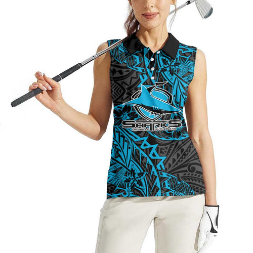 Personalised Cronulla-Sutherland Sharks Women Sleeveless Polo Shirt Polynesian Tribal Pattern With Rugby Shark Mascot Art