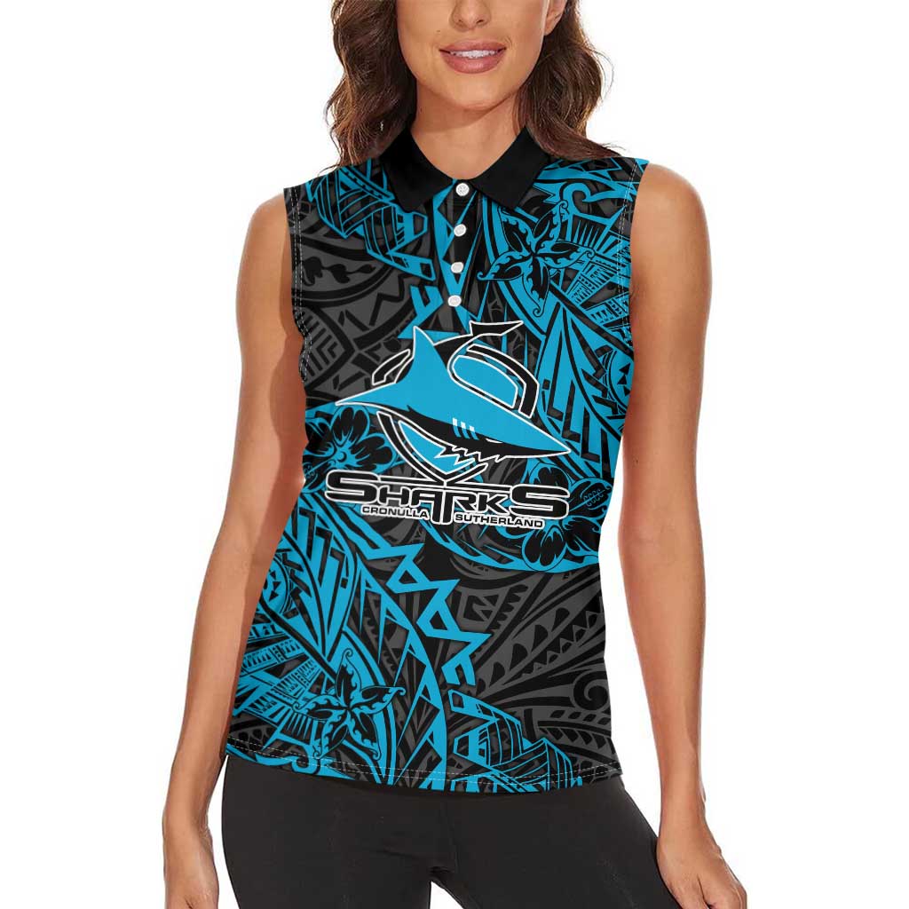 Personalised Cronulla-Sutherland Sharks Women Sleeveless Polo Shirt Polynesian Tribal Pattern With Rugby Shark Mascot Art