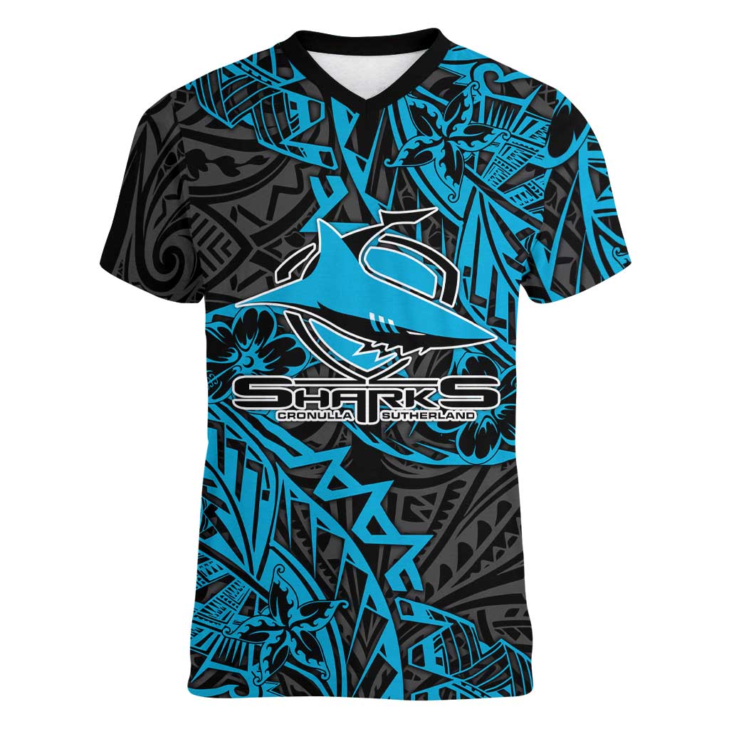 Personalised Cronulla-Sutherland Sharks Women V-Neck T-Shirt Polynesian Tribal Pattern With Rugby Shark Mascot Art
