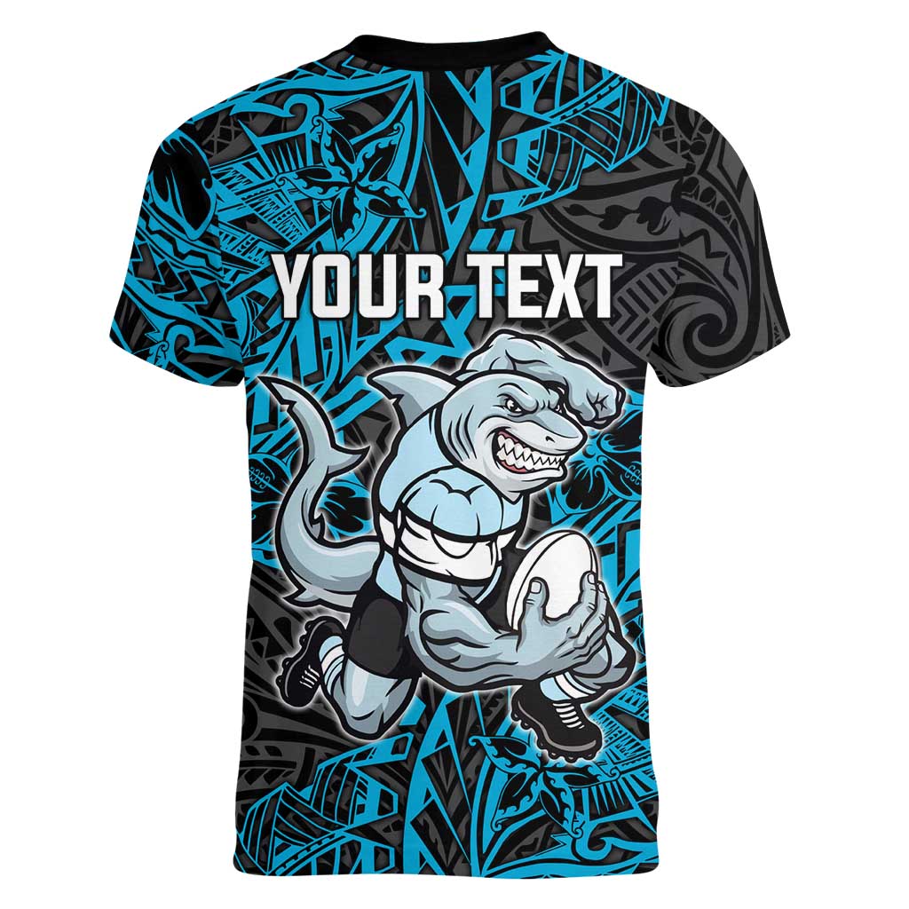 Personalised Cronulla-Sutherland Sharks Women V-Neck T-Shirt Polynesian Tribal Pattern With Rugby Shark Mascot Art