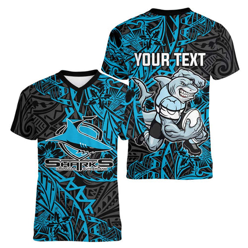 Personalised Cronulla-Sutherland Sharks Women V-Neck T-Shirt Polynesian Tribal Pattern With Rugby Shark Mascot Art