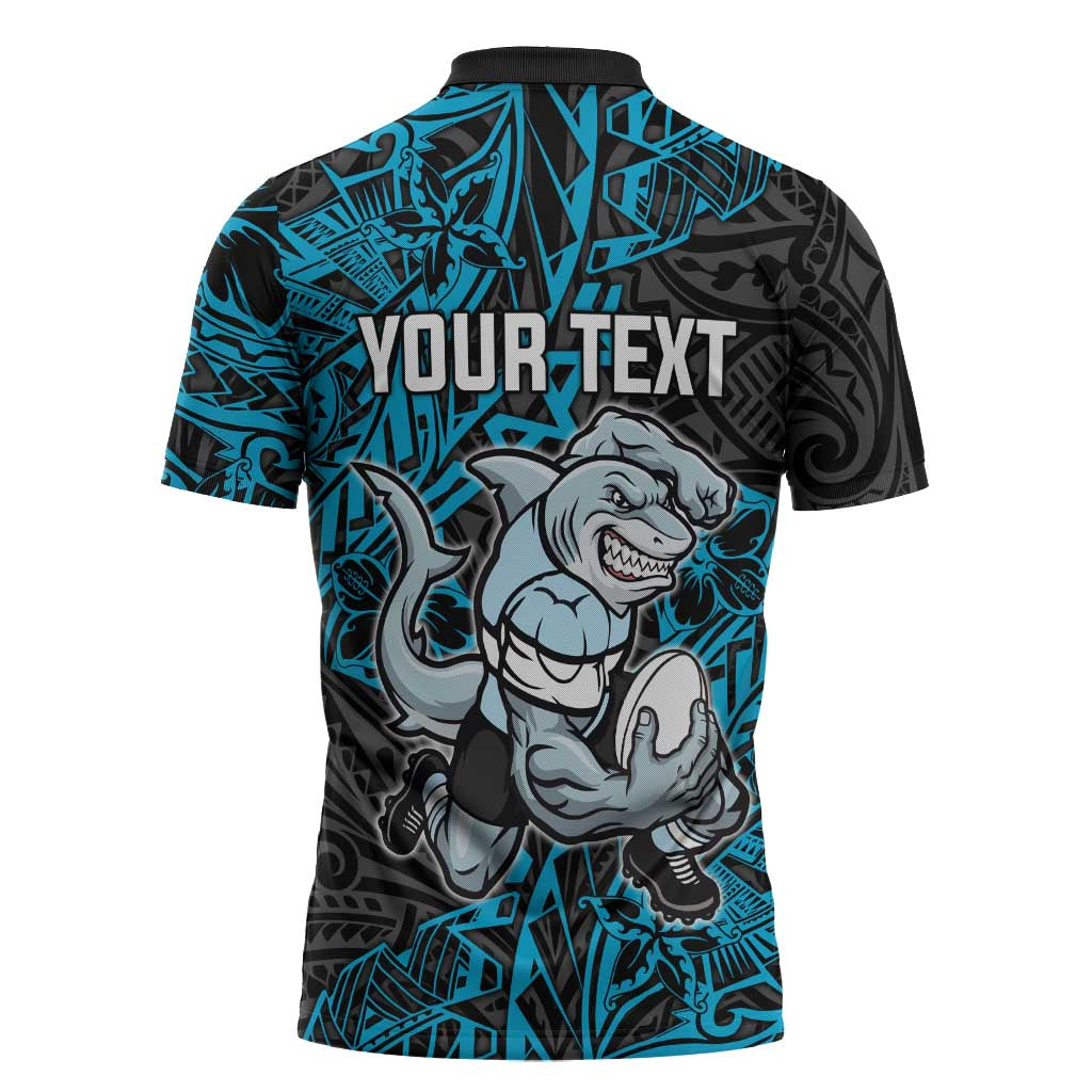 Personalised Cronulla-Sutherland Sharks Zipper Polo Shirt Polynesian Tribal Pattern With Rugby Shark Mascot Art