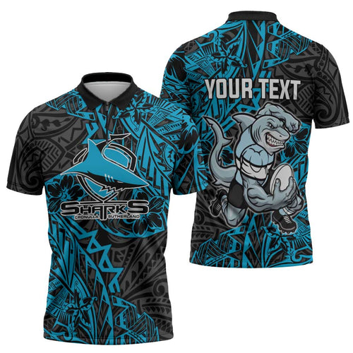 Personalised Cronulla-Sutherland Sharks Zipper Polo Shirt Polynesian Tribal Pattern With Rugby Shark Mascot Art